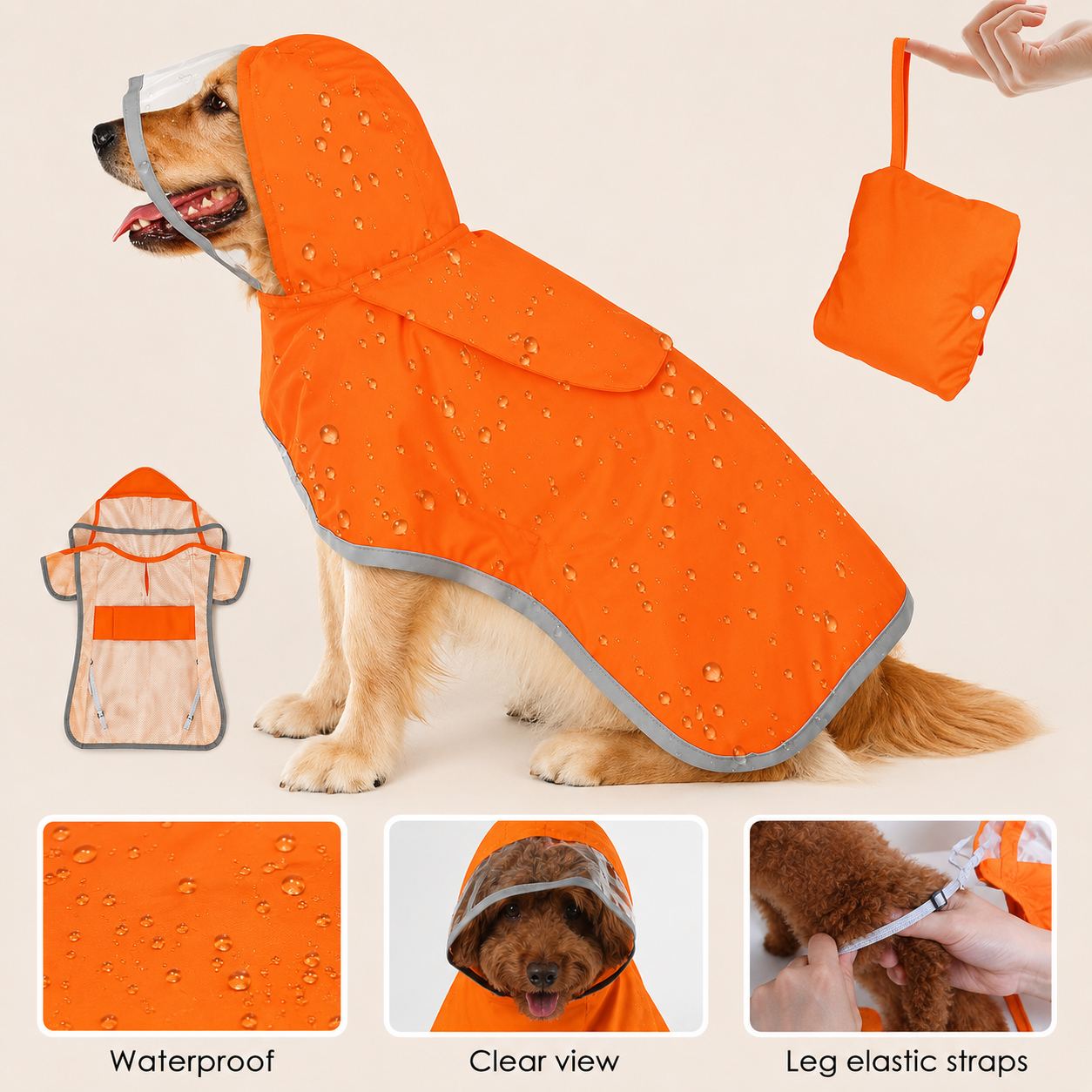 Waterproof Dog Rain Jacket with Hood & Transparent Cap — Belly Protection Included