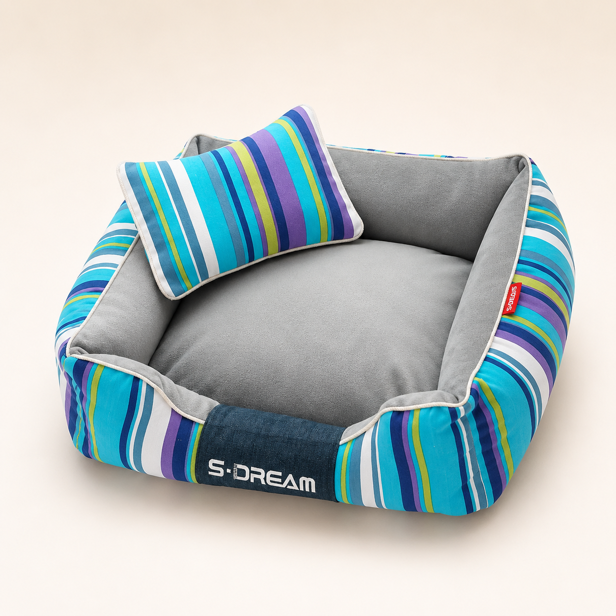 Striped Pet Bed with Matching Pillow — Machine Washable