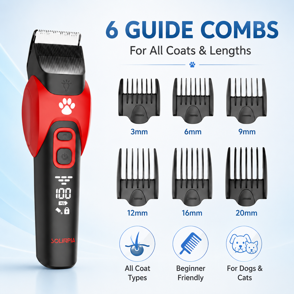 Pet Hair Clippers – Cordless Ceramic Blade Trimmer with 6 Guide Combs for Dogs & Cats