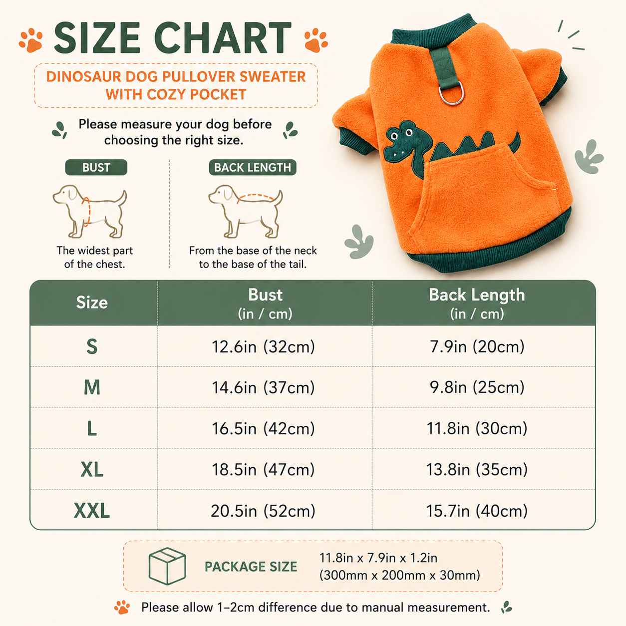 Dinosaur Dog Pullover Sweater size chart - bust and back length for sizes S to XXL