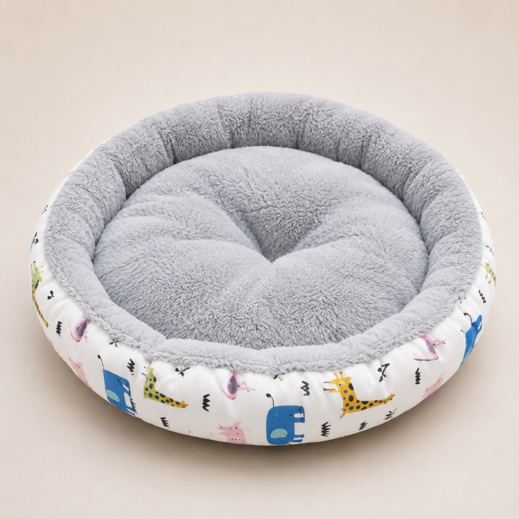 Round Pet Bed – Plush Donut Bed with Cartoon Pattern, S–L