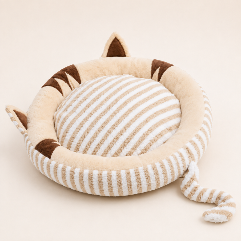 Cat Bed with Cat-Ear Design – Round Plush Pet Bed for Cats & Small Dogs