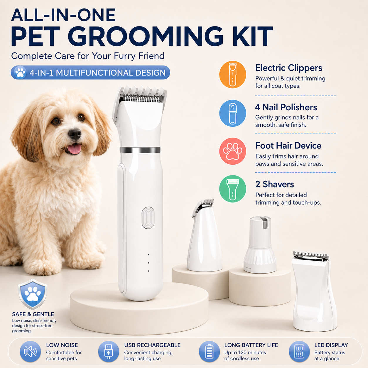 Pet Grooming Kit – 4-in-1 Cordless Electric Clippers & Nail Trimmer - Image 5