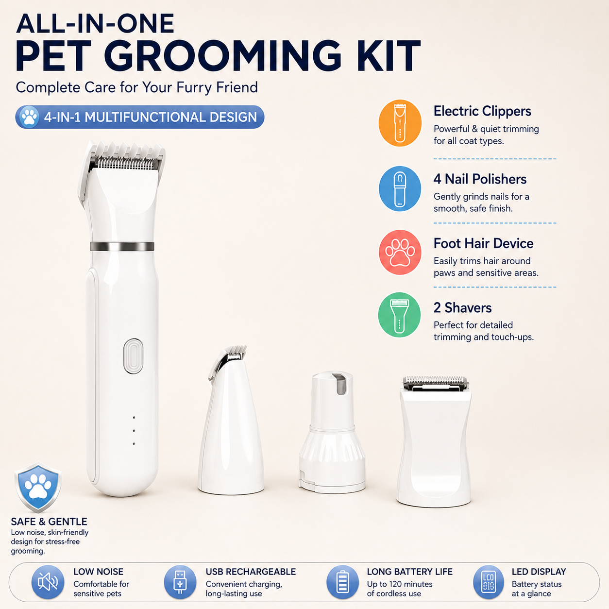 Pet Grooming Kit – 4-in-1 Cordless Electric Clippers & Nail Trimmer - Image 3