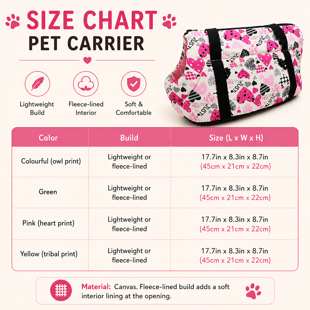 Pet Carrier size chart - 17.7in x 8.3in x 8.7in (45 x 21 x 22cm) across all colors and builds