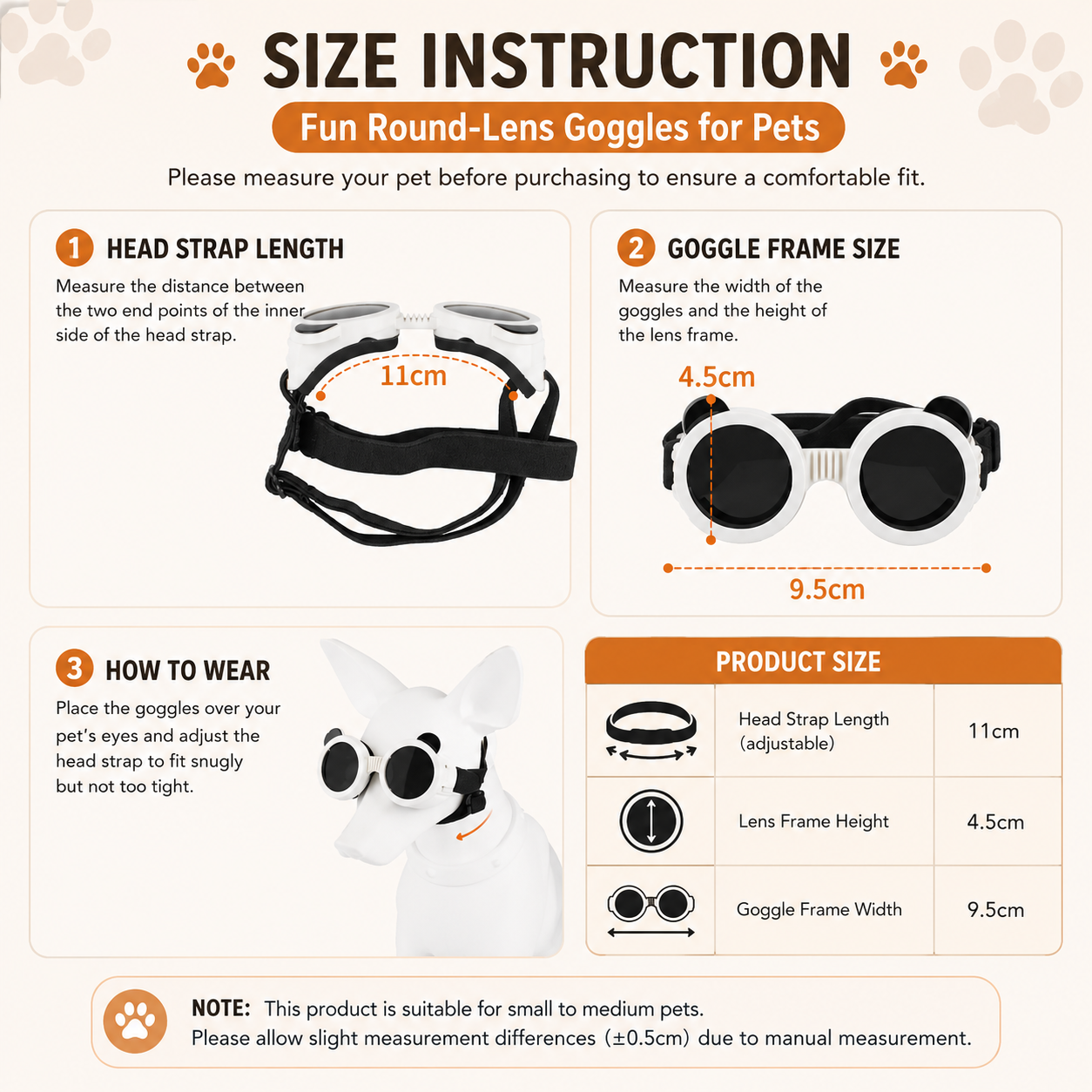 Doggy Sunglasses size instruction guide - head strap and goggle frame measurements