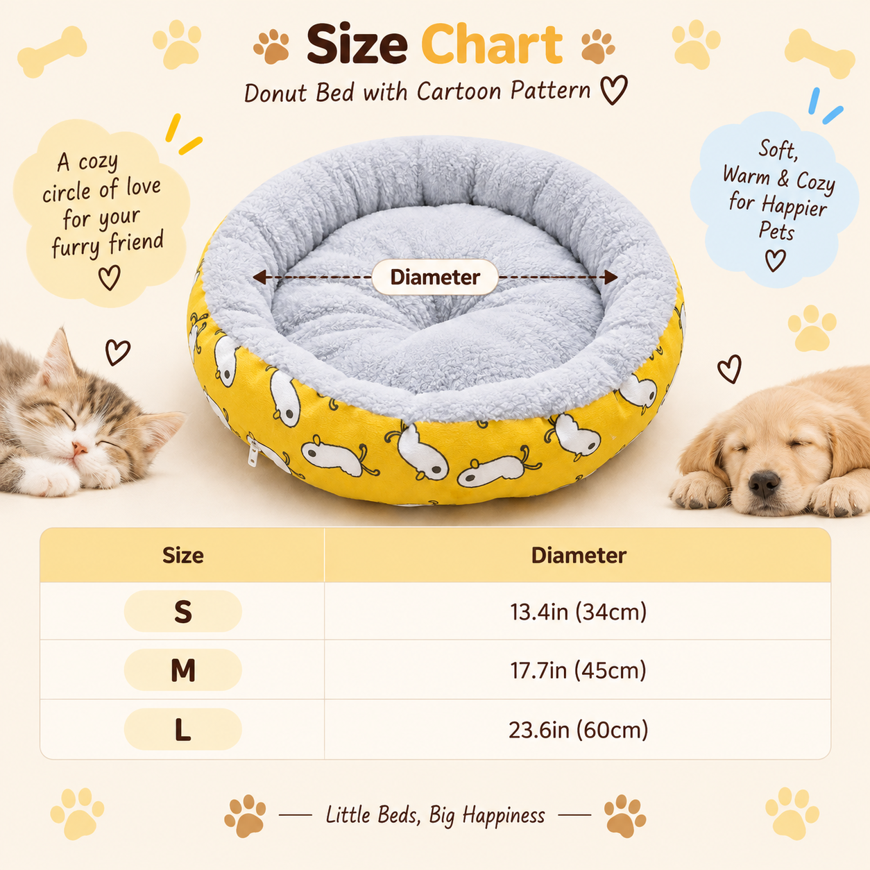 Round Pet Bed size chart - S, M, L diameter guide