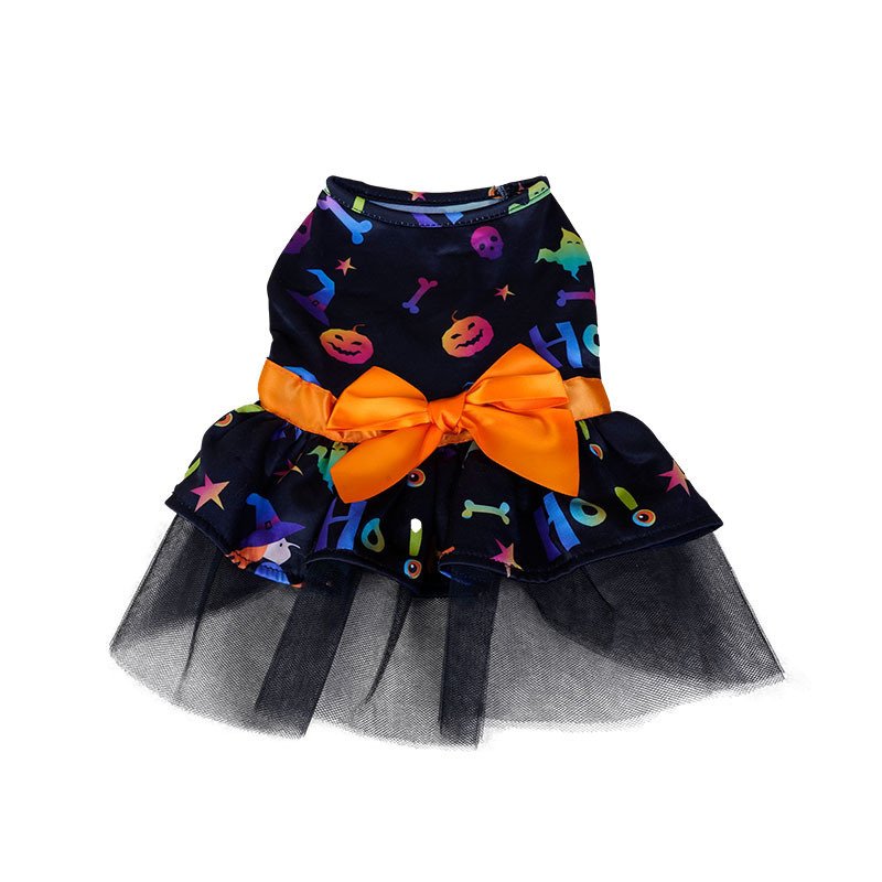 Dog Halloween Costume – Skull Print Tulle Dress with Purple Bow - Image 2