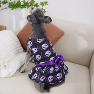 Dog Halloween Costume – Skull Print Tulle Dress with Purple Bow