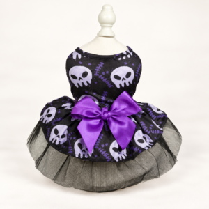 Dog Halloween Costume – Skull Print Tulle Dress with Purple Bow