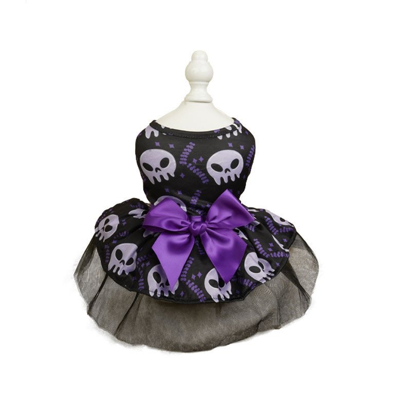 Dog Halloween Costume – Skull Print Tulle Dress with Purple Bow - Image 3
