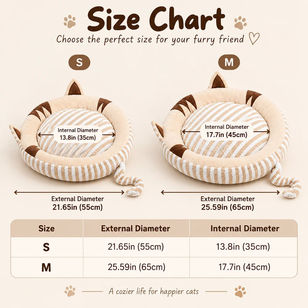 Cat-Ear Bed size chart: Small 21.65in (55cm) external diameter, Medium 25.59in (65cm) external diameter