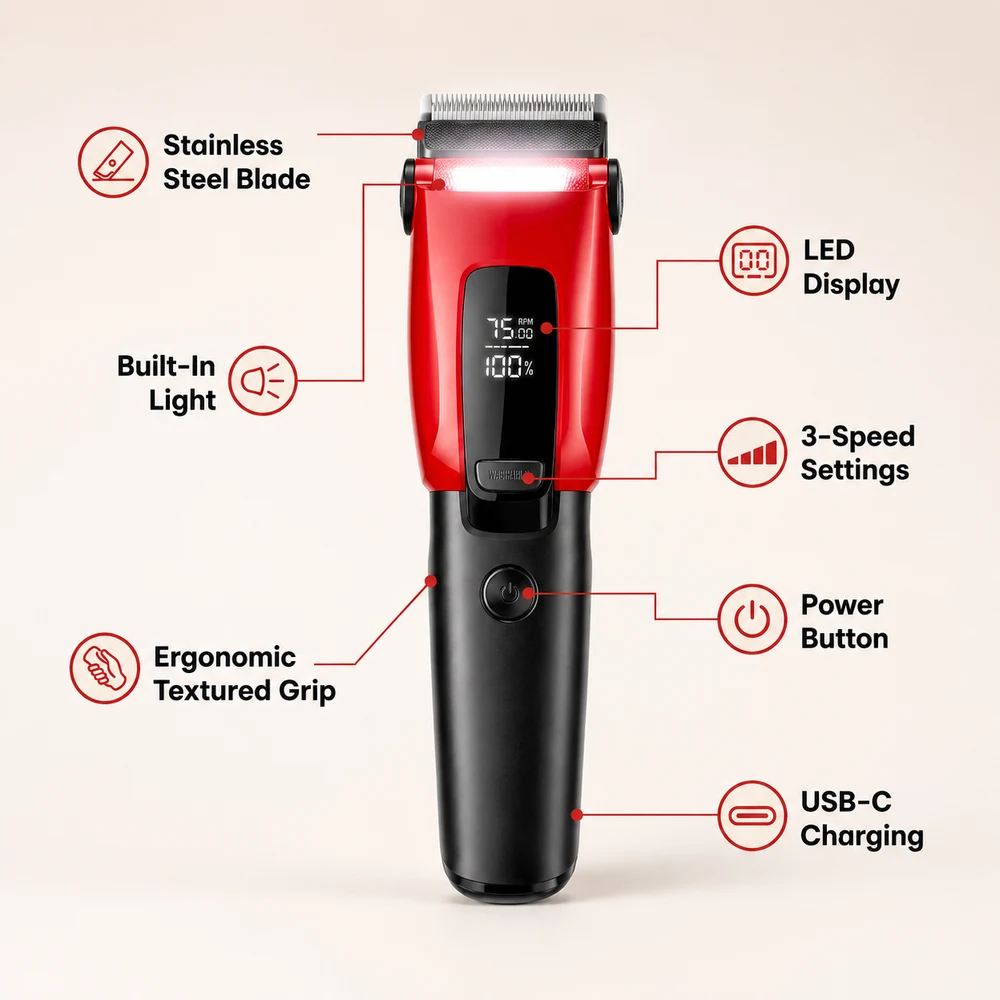 3-Speed Dog Grooming Clippers feature diagram: stainless steel blade, built-in light, LED display, 3-speed settings, ergonomic textured grip, power button, USB-C charging
