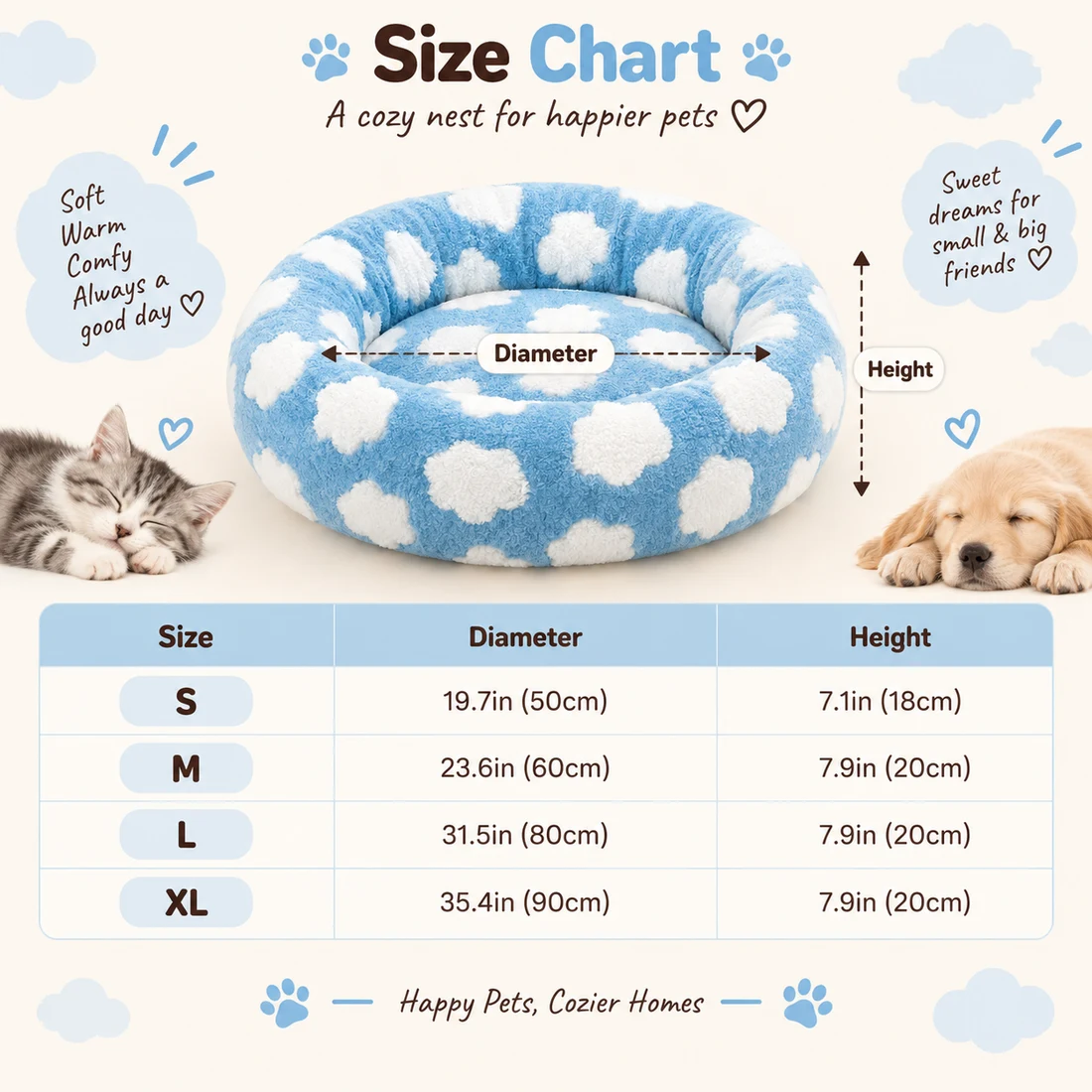 Round Pet Bed Cloud Print size chart: S 19.7in (50cm) diameter x 7.1in (18cm) height, M 23.6in (60cm) x 7.9in (20cm), L 31.5in (80cm) x 7.9in (20cm), XL 35.4in (90cm) x 7.9in (20cm)