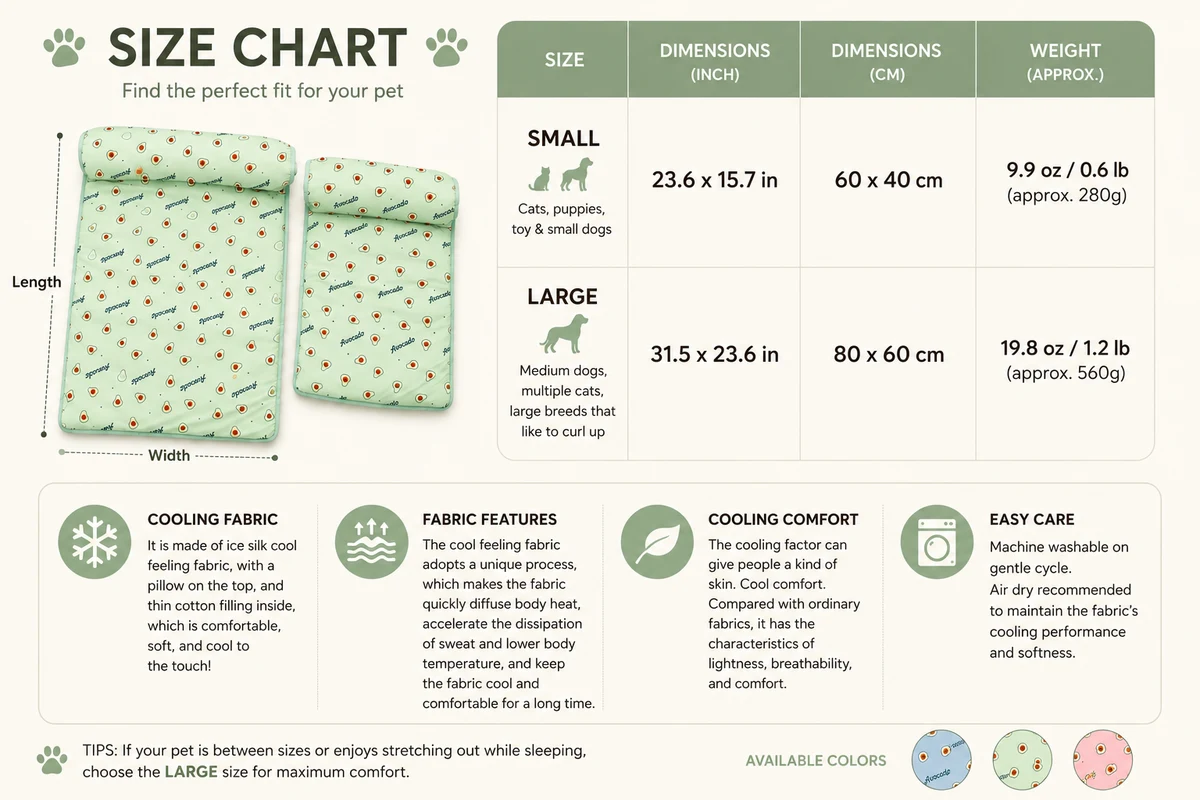 Ice Silk Dog Cooling Mat size chart: Small 23.6x15.7in (60x40cm) for cats, puppies, toy and small dogs; Large 31.5x23.6in (80x60cm) for medium dogs, multiple cats, or large breeds that like to curl up