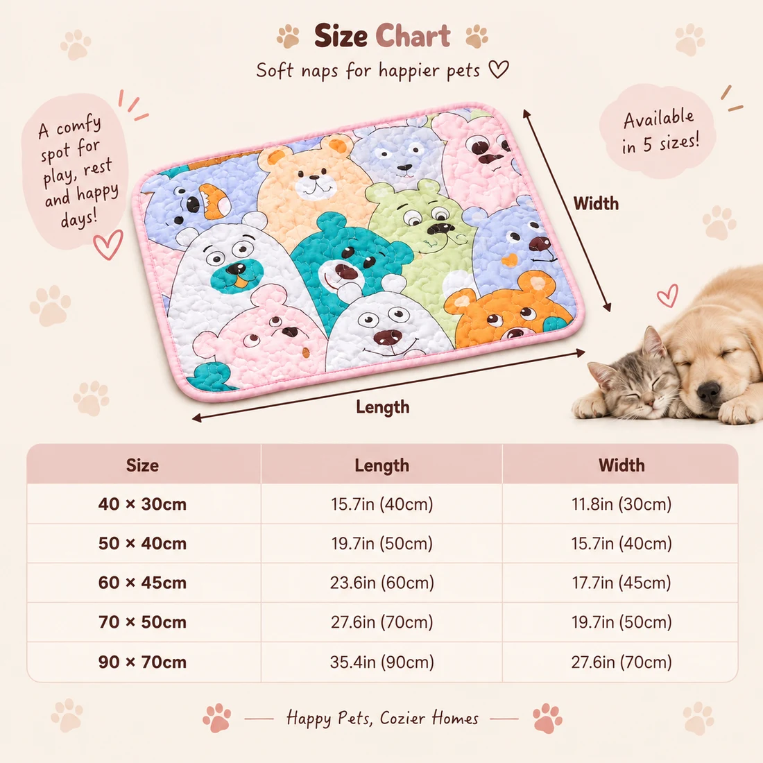 Cotton Pet Sleeping Mat size chart: 15.7x11.8in (40x30cm), 19.7x15.7in (50x40cm), 23.6x17.7in (60x45cm), 27.6x19.7in (70x50cm), and 35.4x27.6in (90x70cm)