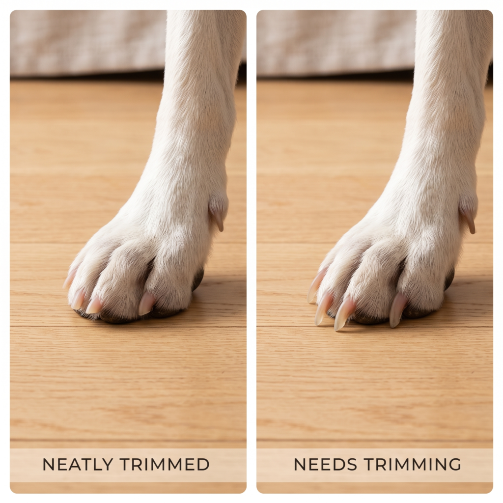 Comparison of a neatly trimmed dog paw next to one that needs trimming