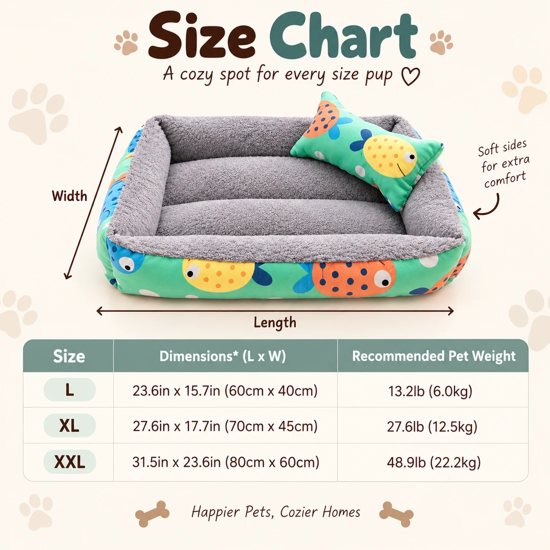 Pillow Dog Bed size chart: Large 23.6in x 15.7in (60x40cm) for pets up to 13.2lb, X-Large 27.6in x 17.7in (70x45cm) for pets up to 27.6lb, XX-Large 31.5in x 23.6in (80x60cm) for pets up to 48.9lb