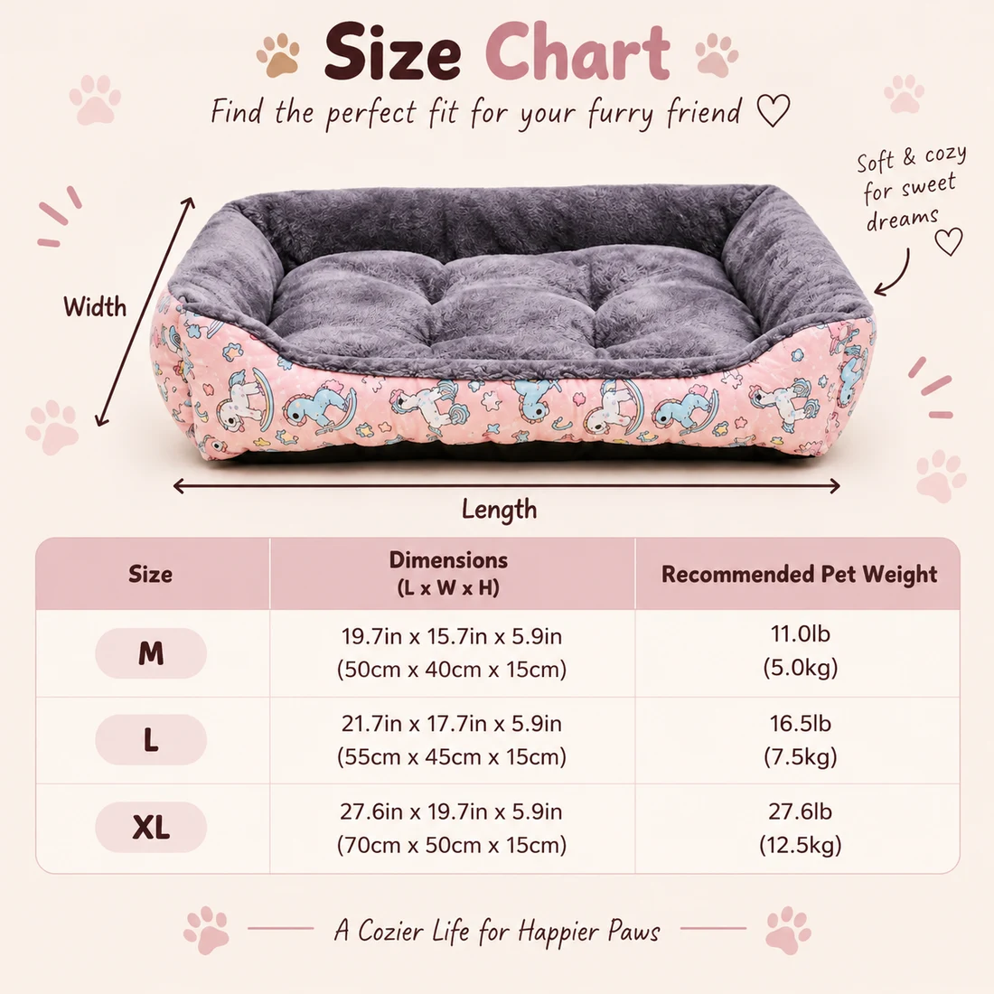 Small Dog Bed with Bolster Sides size chart: Medium 19.7x15.7x5.9in (50x40x15cm) for pets up to 11lb, Large 21.7x17.7x5.9in (55x45x15cm) for pets up to 16.5lb, X-Large 27.6x19.7x5.9in (70x50x15cm) for pets up to 27.6lb