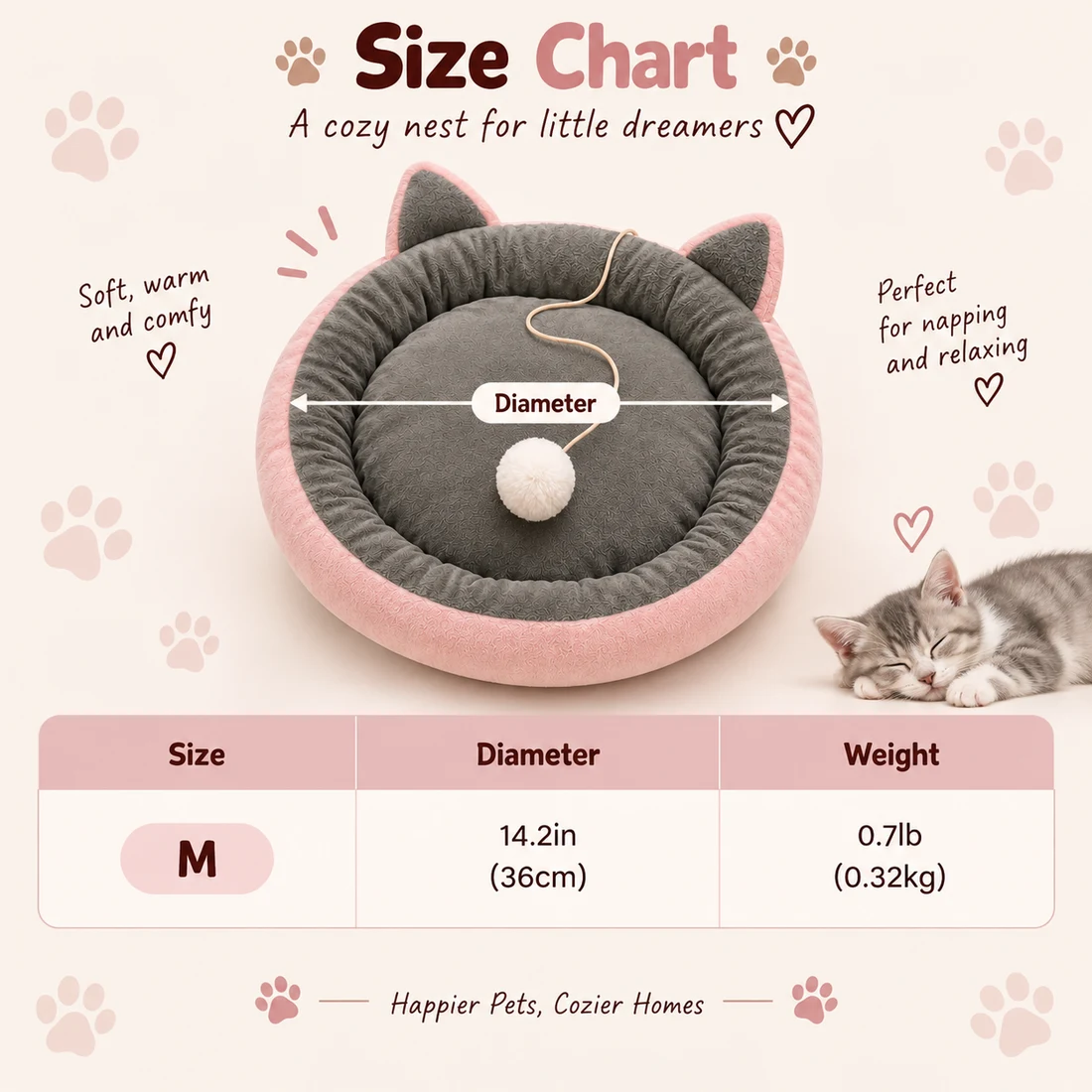 Suede Cat Bed size chart: M size, 14.2in (36cm) diameter, 0.7lb (0.32kg)