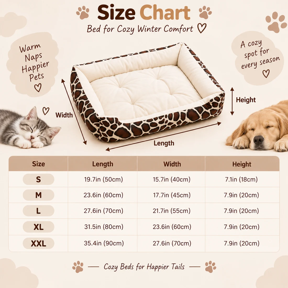 Large Dog Bed size chart: S 19.7in (50cm) x 15.7in (40cm) x 7.1in (18cm), M 23.6in (60cm) x 17.7in (45cm) x 7.9in (20cm), L 27.6in (70cm) x 21.7in (55cm) x 7.9in (20cm), XL 31.5in (80cm) x 23.6in (60cm) x 7.9in (20cm), XXL 35.4in (90cm) x 27.6in (70cm) x 7.9in (20cm)
